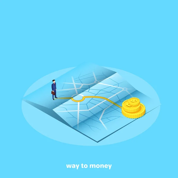 Imagen Isométrica Sobre Fondo Azul Hombre Traje Negocios Encuentra Mapa — Vector de stock