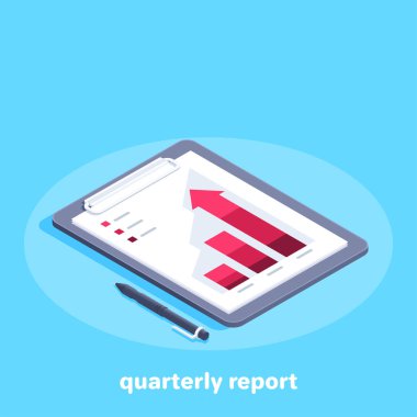 isometric vector image on a blue background on the theme of business, a tablet with a chart printed on a sheet of paper and a pen lying next to it, quarterly report clipart