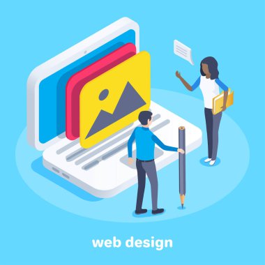Mavi arkaplandaki izometrik vektör görüntüsü, bir erkek ve bir kadın hangi resim simgesi, web tasarımı ekranında büyük bir dizüstü bilgisayarın yanında dururken tartışıyorlar