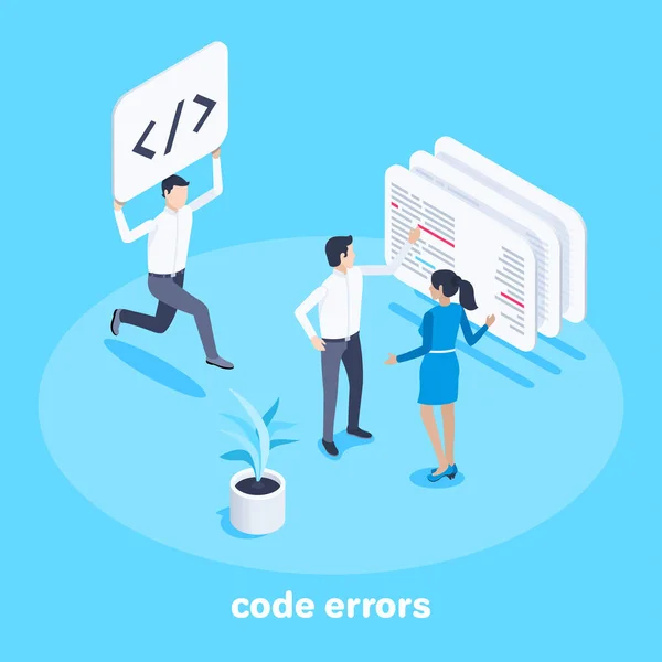 ウェブデザイン 男性と女性がプログラムコードの問題とエラーについて議論しプログラミングで解決策を見つけるというテーマの青い背景にアイソメトリックイメージ — ストックベクタ