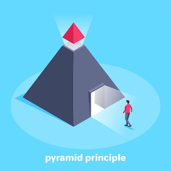 파란색 배경에 기하학적 이미지에서 남자가 피라미드의 인열린 통로로 들어갑니다 — 스톡 벡터