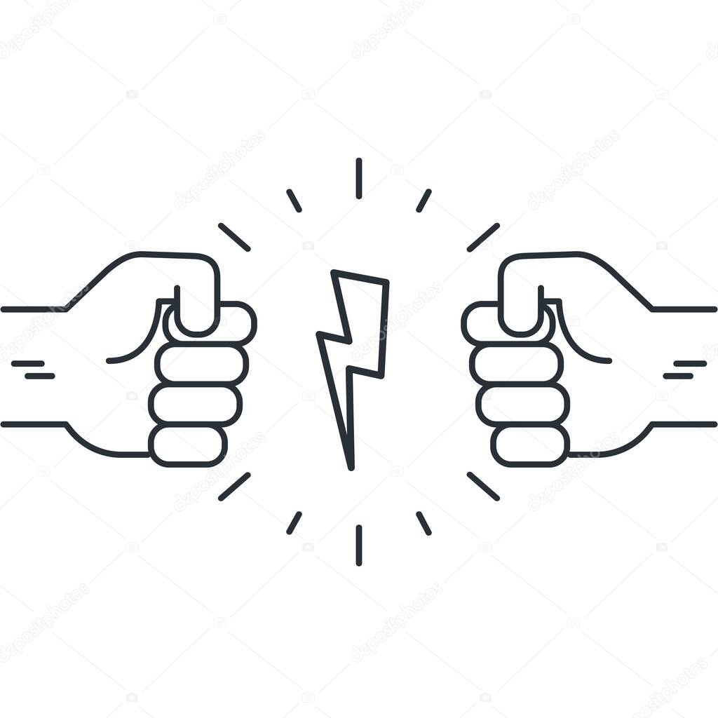 flat vector image on a white background in linear style, two hands clasped in a fist pointing at each other and a zipper between them, opposition or rivalry