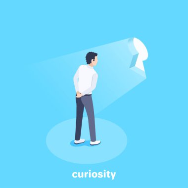 Mavi arkaplandaki izometrik vektör görüntüsü, bir adam küçük bir anahtar deliğine bakar, ilgi ve merak.