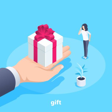 Mavi arkaplandaki izometrik vektör görüntüsü, erkek eli bir kadına yay, hediye ya da sürpriz içeren bir kutu verir.