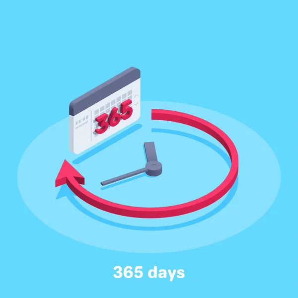 蓝色背景上的等距矢量图像 呈圆形顺时针运行的红色箭头和数字为365天的日历 一年中的时间 — 图库矢量图片