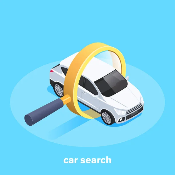 Obraz Wektora Izometrycznego Niebieskim Tle Samochód Szkle Powiększającym Wyszukiwanie Zakup — Wektor stockowy