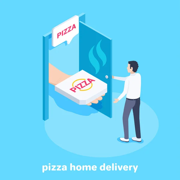Isometrische Vectorafbeelding Een Blauwe Achtergrond Een Man Opende Deur Pizza — Stockvector