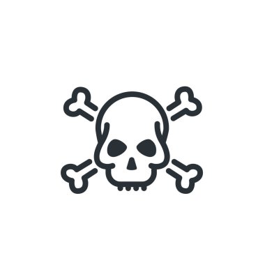 Beyaz arkaplanda düz vektör resmi, kafatası ve kemiklerin doğrusal simgesi, korsan sembolü