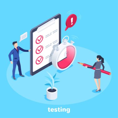 Mavi arkaplandaki izometrik vektör görüntüsü kronometre yanında iş elbisesi giyen bir adam tablet ve kalemli bir kadın test zamanı.