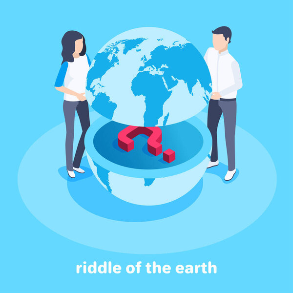 Изометрическое векторное изображение на синем фоне, мужчина и женщина держат часть земного шара, внутри которой вопросительный знак, загадка земли
