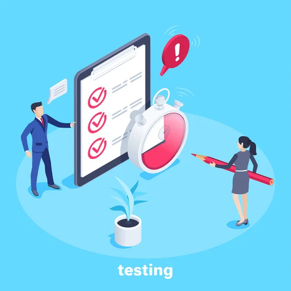 Mavi arkaplandaki izometrik vektör görüntüsü kronometre yanında iş elbisesi giyen bir adam tablet ve kalemli bir kadın test zamanı.