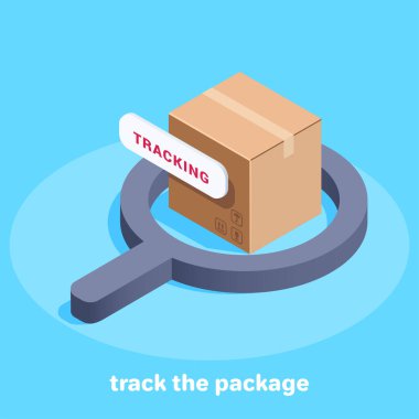 Mavi arkaplanda izometrik vektör resmi, bir büyüteç ve büyük bir kutu veya izleme paketleri