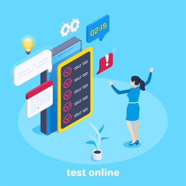 Mavi arkaplandaki izometrik vektör görüntüsü, bir kadın akıllı telefondan, başarılı bir testten ya da uzaktan muayeneden geçer