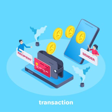 Mavi arkaplandaki izometrik vektör görüntüsü, iş konsepti, altın paralar bir akıllı telefondan diğerine aktarılır.