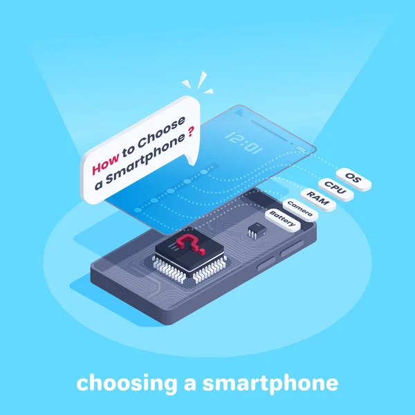 青い背景の等角ベクトル画像 プロセッサを搭載したスマートフォンとボード上のメモリチップの分解 スマートフォンの主な基準の選択 — ストックベクタ