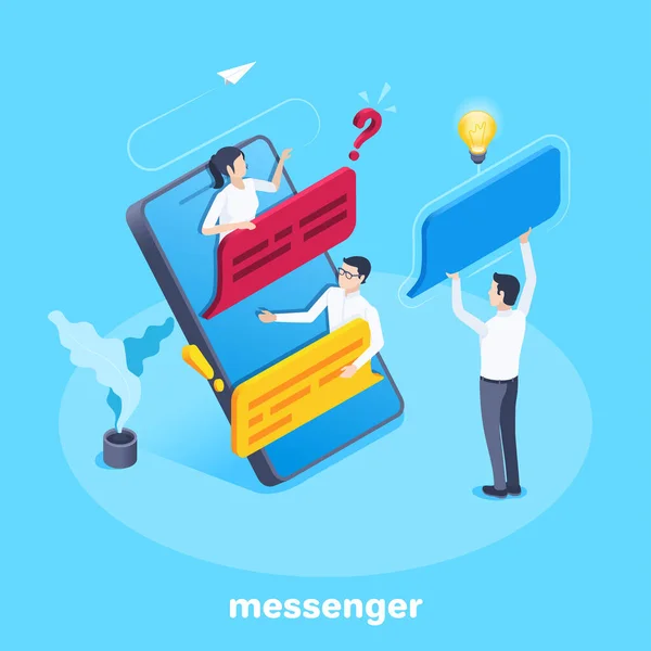 파란색 배경에 이미지 스마트폰 상에는 정장을 수다를 메신저 에서의 대화와 — 스톡 벡터