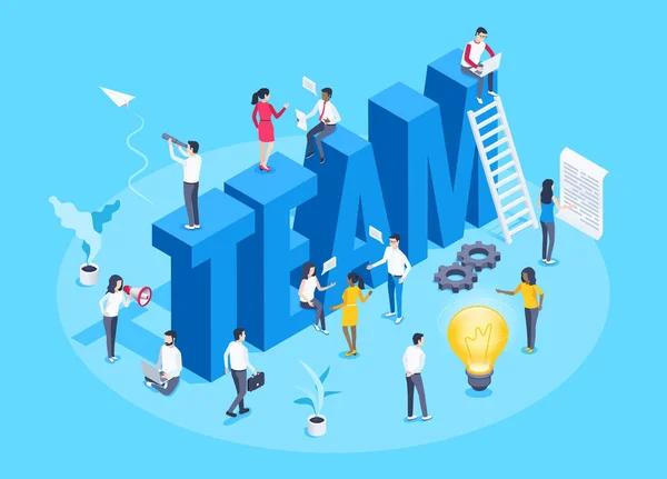 Isometric Vector Image Blue Background Big Word Team People Teamwork — Stock Vector