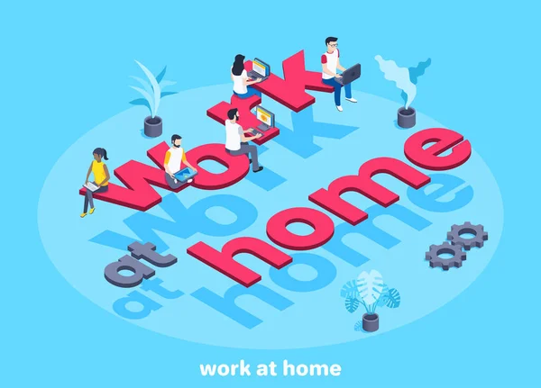 Mavi Arkaplandaki Izometrik Vektör Görüntüsü Erkek Kadın Uzaktan Çalışıyor Evde — Stok Vektör