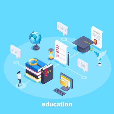 Mavi arka planda izometrik vektör görüntüsü, eğitimin başlangıcından bilimsel dereceye giden yol, bir şapka ve diplomanın yanında kitaplar ve test, eğitiminin başında bir kız