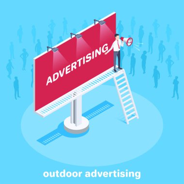 Mavi arkaplandaki izometrik vektör görüntüsü, hoparlörlü iş elbiseli bir adam reklam kelimesinin kırmızı arka planda, açık hava reklamlarında basıldığı bir reklam panosunda duruyor.