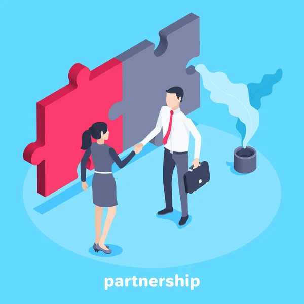 蓝色背景上的等距矢量图像 身穿商务服装的男人与女人握手 然后将拼图 商务合作和伙伴关系连在一起 — 图库矢量图片