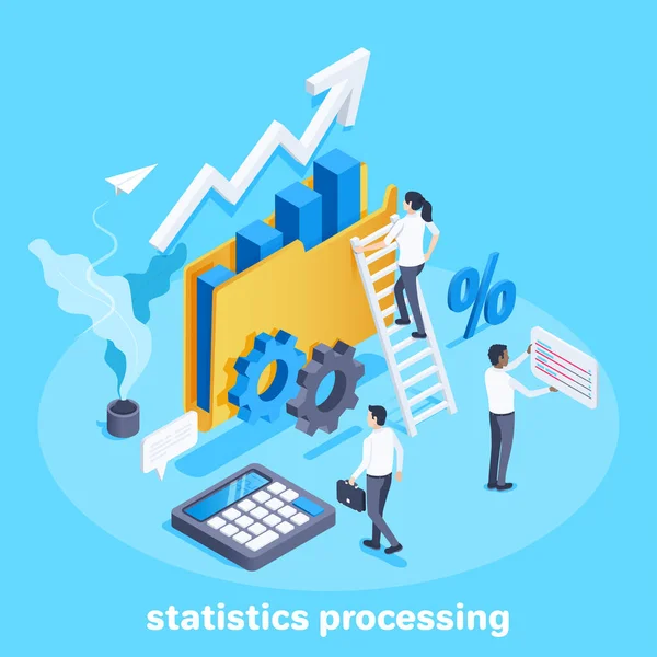 Isometrisches Vektorbild Auf Blauem Hintergrund Geschäftsleute Arbeiten Mit Finanzstatistiken Und — Stockvektor