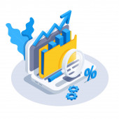 isometric vector image on a white background, a laptop icon with a folder and a magnifier, the collection and processing of analytical and statistical data