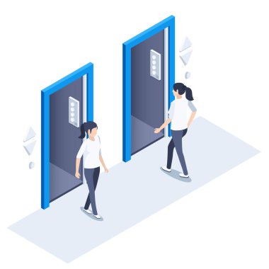 Beyaz arkaplandaki Isometric vektör görüntüsü, asansöre bir kadın giriyor ve diğeri gidiyor, ofiste bir asansör.