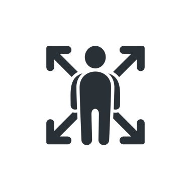 Beyaz arkaplanda düz vektör resmi, bir adam ve dört ok şeklinde fırsat simgesi