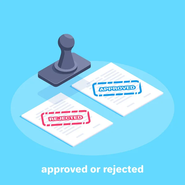 Immagine Vettoriale Isometrica Sfondo Blu Fogli Carta Contrassegnati Approvati Rifiutati — Vettoriale Stock