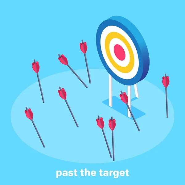 蓝色背景上的等距矢量图像 目标和箭未落入其中 越过目标 — 图库矢量图片