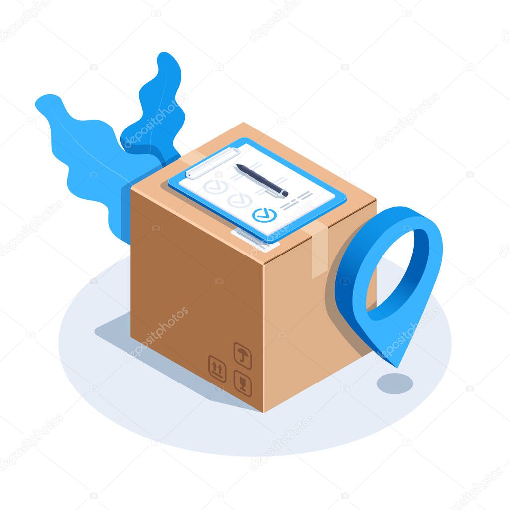 isometric vector image on a white background, the location icon next to the box and a document confirming the delivery of the parcel