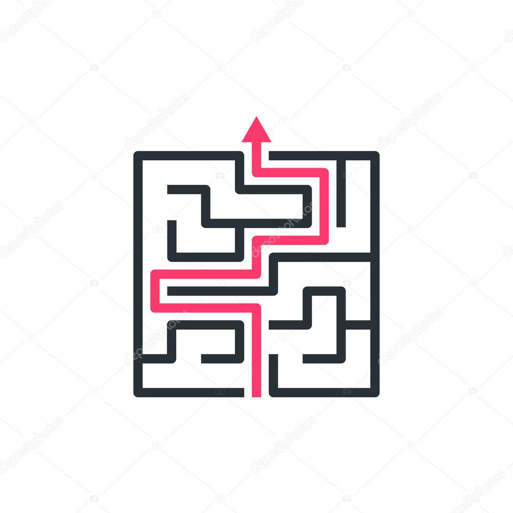 flat vector image on white background, maze icon with red arrow