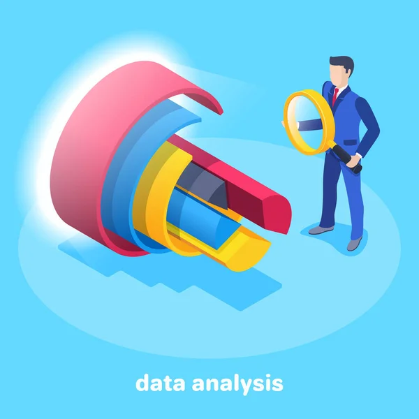 Izometrický Vektorový Obraz Modrém Pozadí Muž Obleku Lupou Podívá Komplexní — Stockový vektor