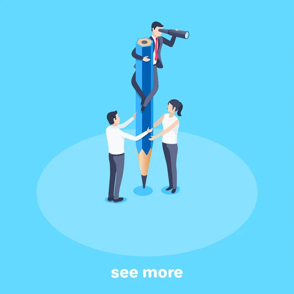 Izometrikus Vektor Illusztráció Kék Alapon Egy Férfi Egy Üzleti Öltönyben — Stock Vector