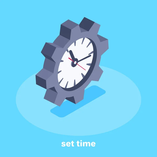 蓝色背景上的等距矢量图像 齿轮图标 内置时钟 设定时间 — 图库矢量图片