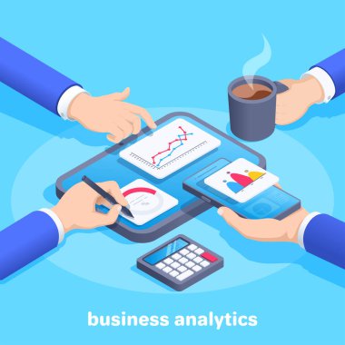 Mavi arkaplandaki izometrik vektör görüntüsü, çalışan bir tablet ve takım elbiseli adamların elleri, çizelgesi ve kahvesi olan bir akıllı telefon, iş analitiği