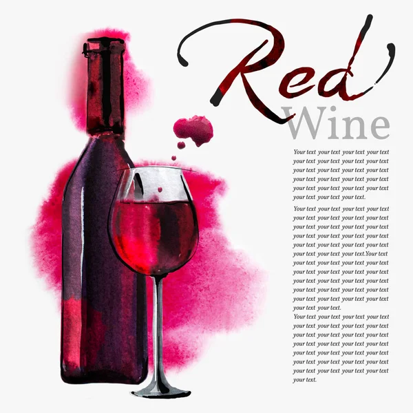一瓶红酒和一个玻璃杯 在水彩斑斑的背景上 现成的模板 用于包装设计 酒单和其他设计 — 图库照片