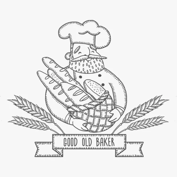 Canım Baker. Paketleme, logo, el çizimi illüstrasyonu için tasarım öğesi / Eski iyi Baker. Paketleme, logo, el çizimi için tasarım öğesi. Sepet içinde ekmek kulakları, ekmek ve fırın ürünleri olan neşeli bir karakter.. 