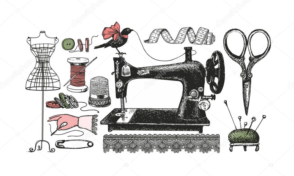 A set of accessories for the tailor. Vector illustration in vintage style/A set of accessories for the tailor. Vector illustration in vintage style.