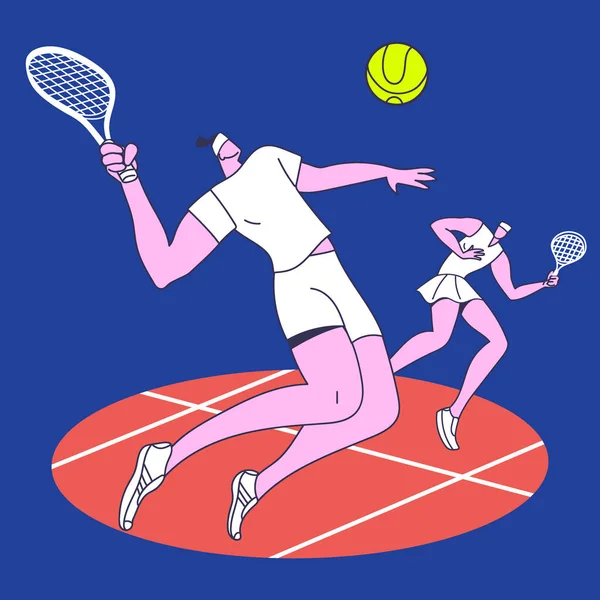 Tenis oynayan tenis oyuncularının siluetleri. Tenis oynayan tenisçilerin minimalist stili / silueti ile grafiksel vektör illüstrasyonu. Minimalist bir şekilde grafiksel vektör çizimi