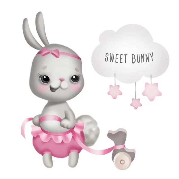 Küçük sevimli tavşancık pembe etekli, tahta oyuncaklı ve beyaz arka planda pembe kurdeleli. Bebek için poster..