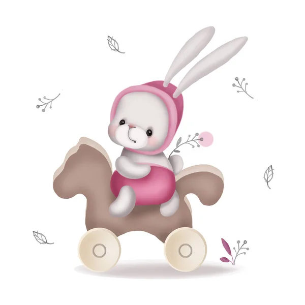 可爱的兔子小枝在玩具木马上 为新生儿打印 儿童房的海报 描述一只可爱的动物 — 图库照片#