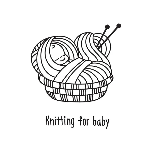 子供用のロゴ編み 糸玉の入った籠の中の子供 ベクターイラスト アイコン — ストックベクタ
