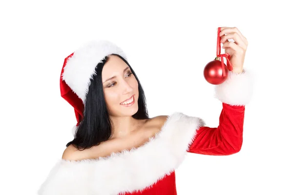 Mooi Meisje Kerstman Met Donkere Haren Pak Witte Achtergrond Houdt — Stockfoto