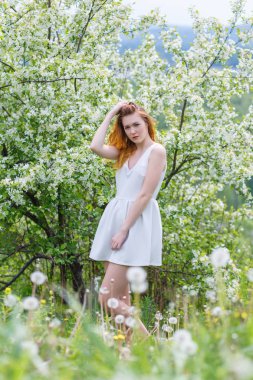 Güzel ve Genç kız beyaz giysili bir çiçek açan bir elma ağacının yanındaki ayakta. Kızın kırmızı dudaklar