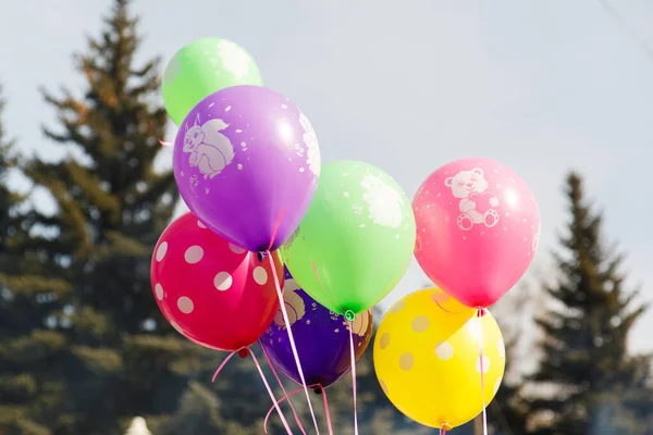 Воздушные шары разных цветов с гелием, обвязанные цветными лентами . — стоковое фото