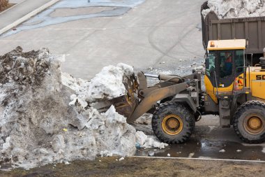 Novokuznetsk 'te. - Rusya. 09.04.2020. Kardan bölgeyi ağır ekipmanlarla temizlemek ve kamyonlara yüklemek. Yazı.