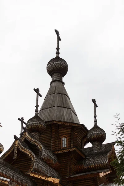 Domes Crosses Beautiful Wooden Orthodox Church Light Sky Royalty Free Stock Images