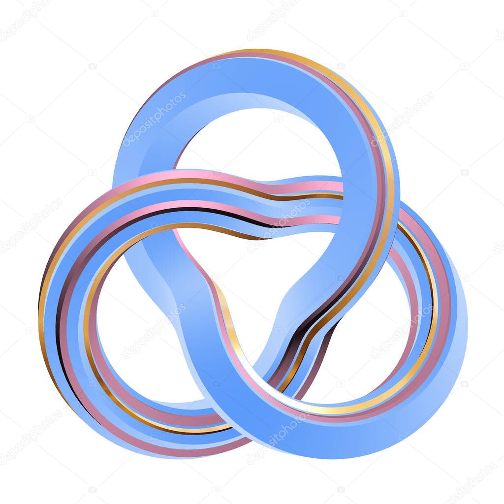Blue trefoil knot with color streaks isolated on whit